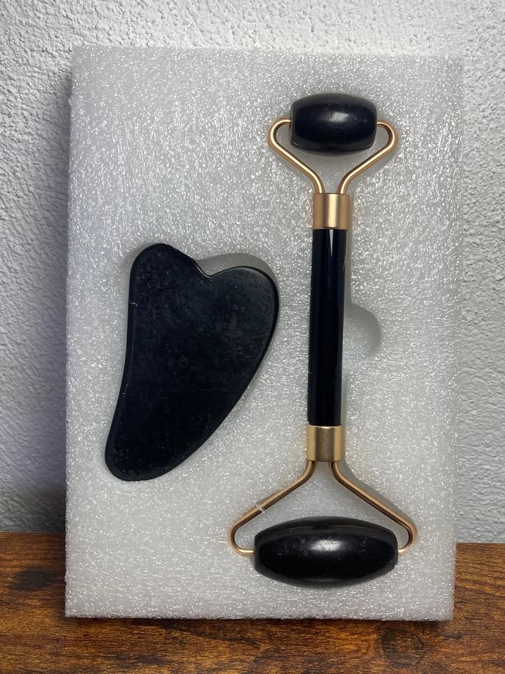 🖤 Set Facial Cuarzo Negro (Rodillo + Gua Sha) 🖤