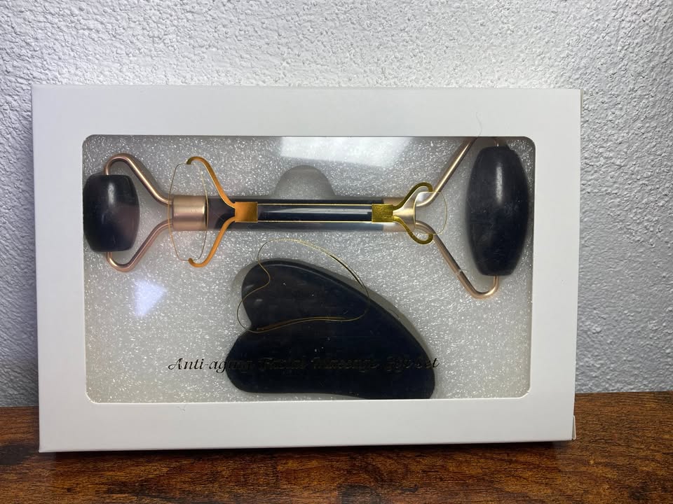 🖤 Set Facial Cuarzo Negro (Rodillo + Gua Sha) 🖤