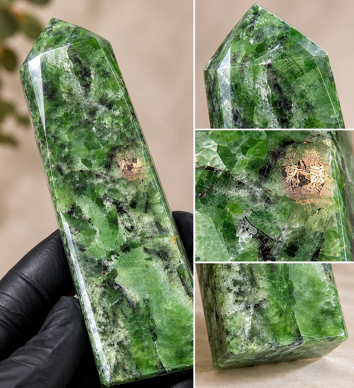 Torre de Diópsido Verde con Fragmentos de Pirita | Mineral Natural de 8.5 cm