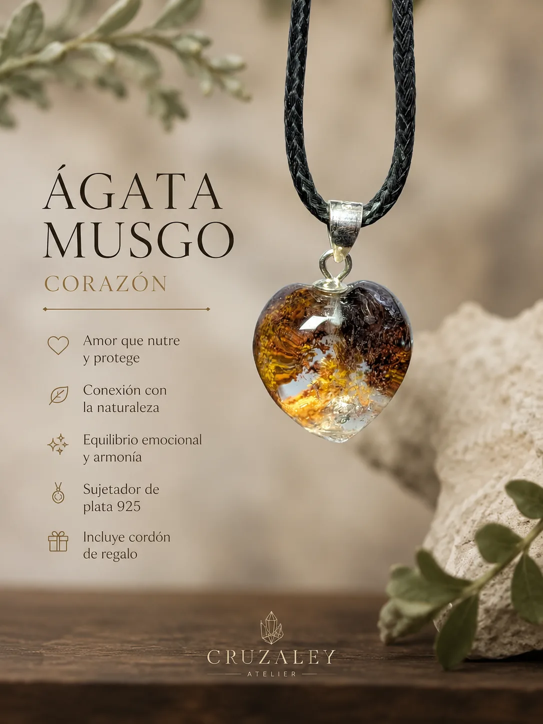 Dije de Ágata Musgo Natural | Corazón Pulido en Plata Ley .925