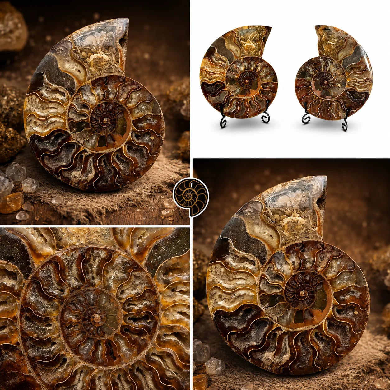 Amonite Seccionado Natural en 2 Mitades | 15 cm | Pieza de Colección con Bases de Exhibición