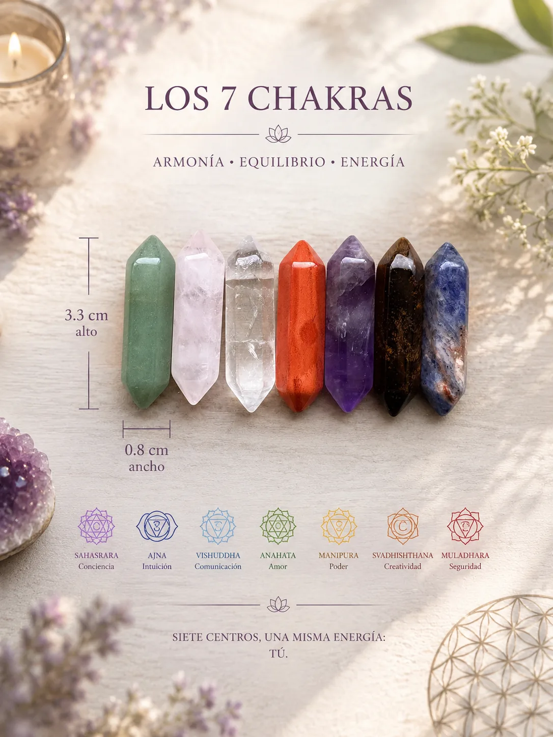 Set de Cuarzos 7 Chakras en Caja Decorativa (14 piezas)