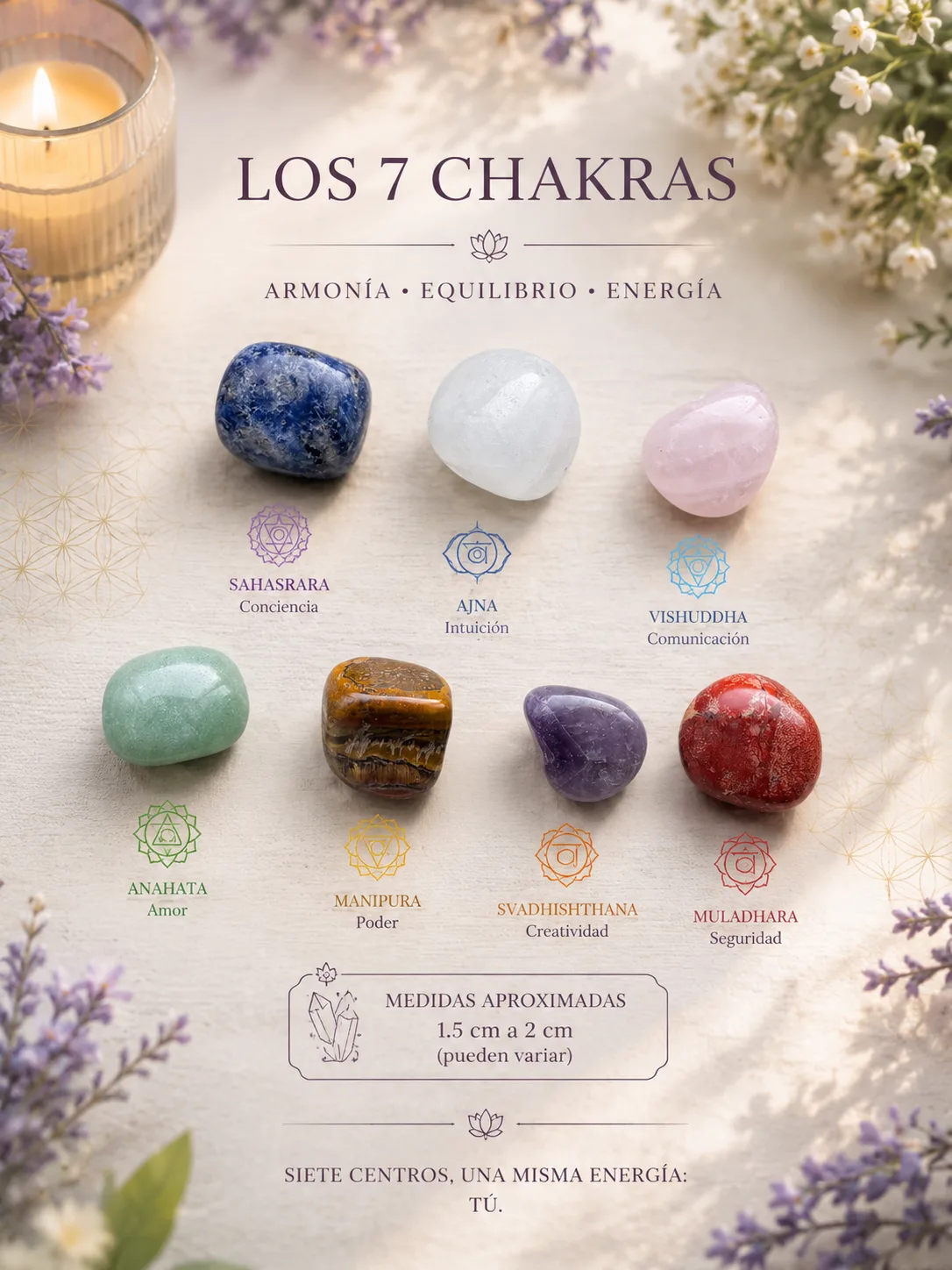 Set de Cuarzos 7 Chakras en Caja Decorativa (14 piezas)