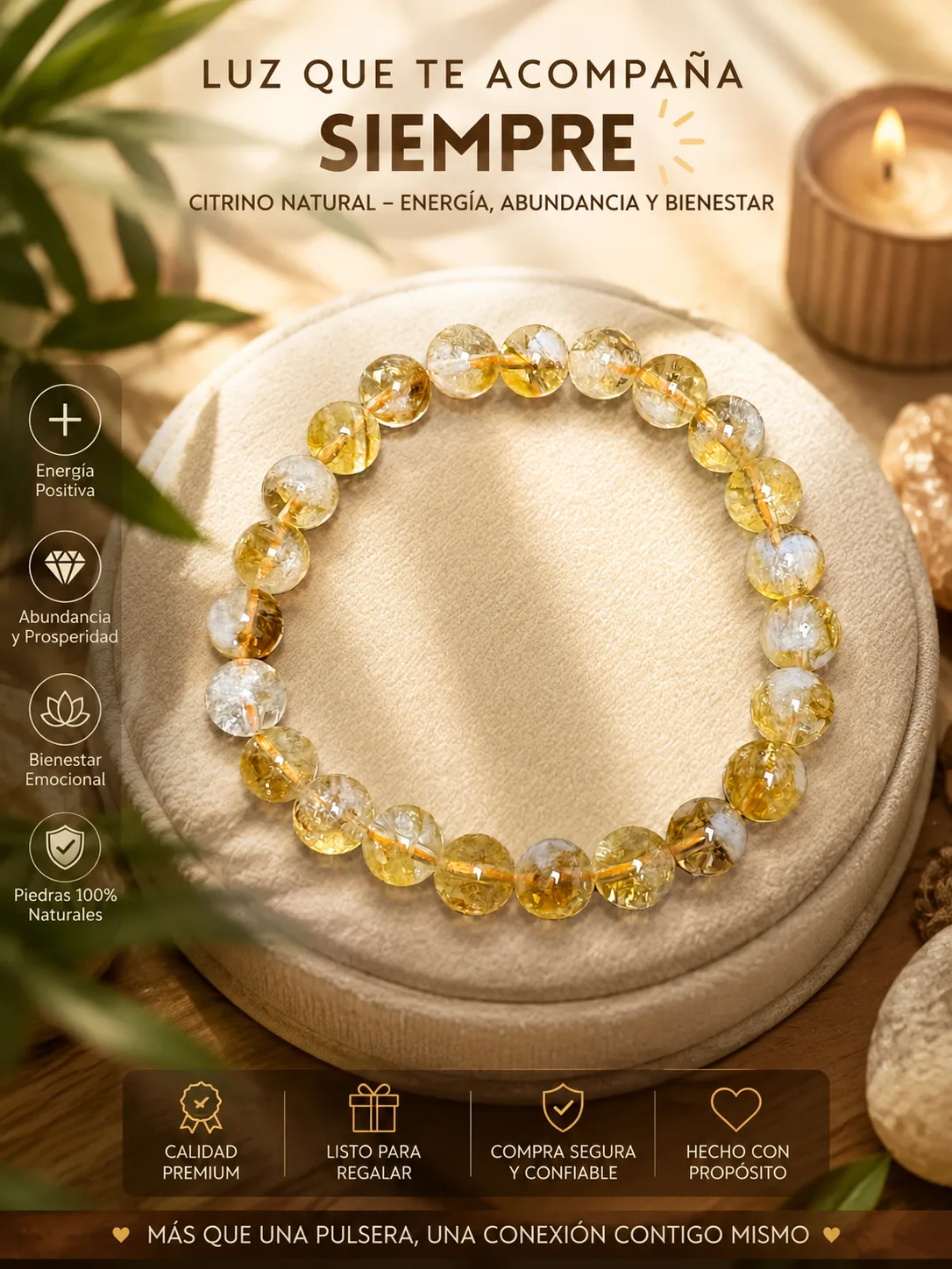 Pulsera de Citrino Natural 8 mm con Hilo Elástico | Piedra de la Prosperidad