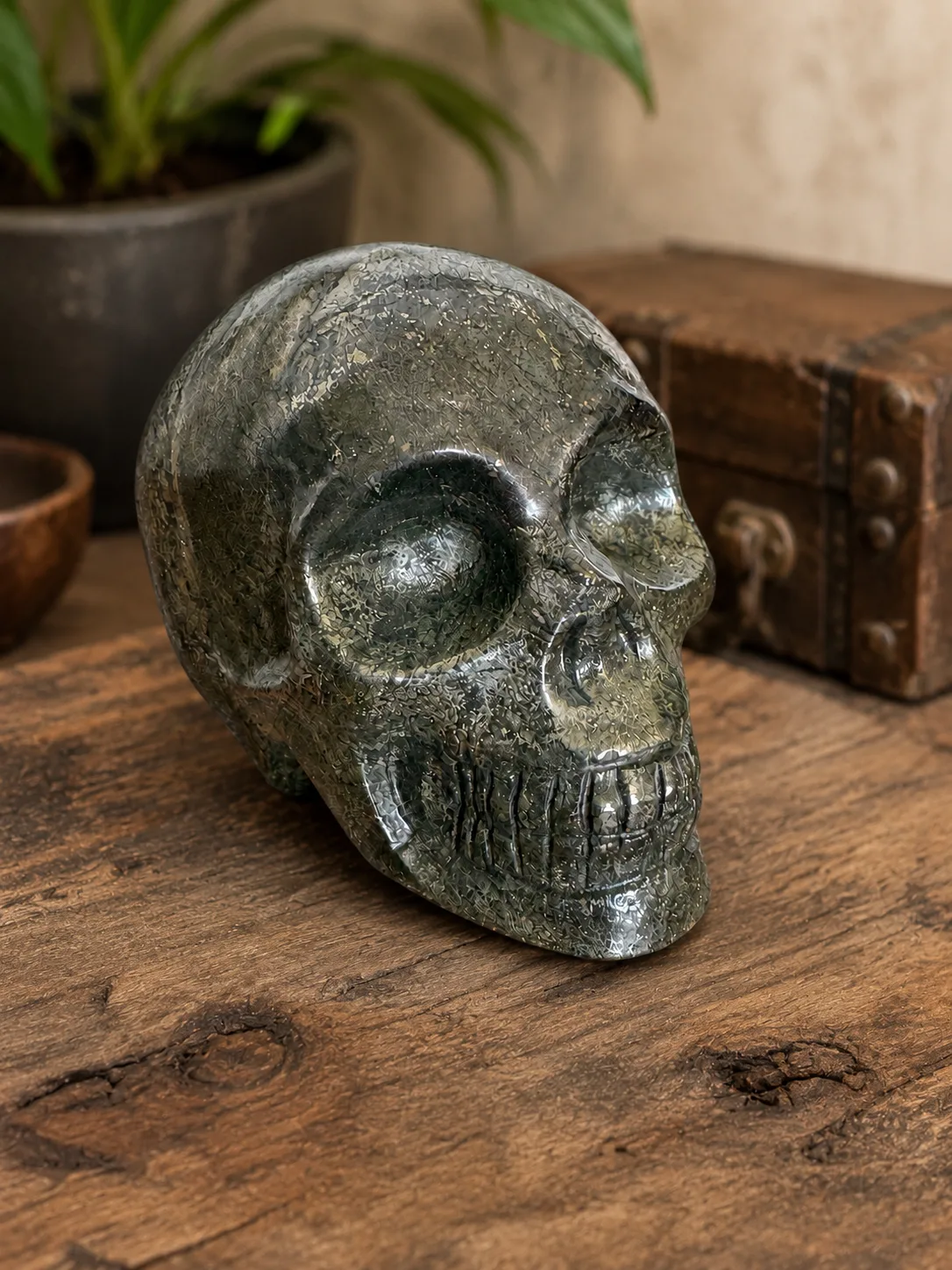 Cráneo Tallado en Pirita Natural | Pieza Decorativa de Colección